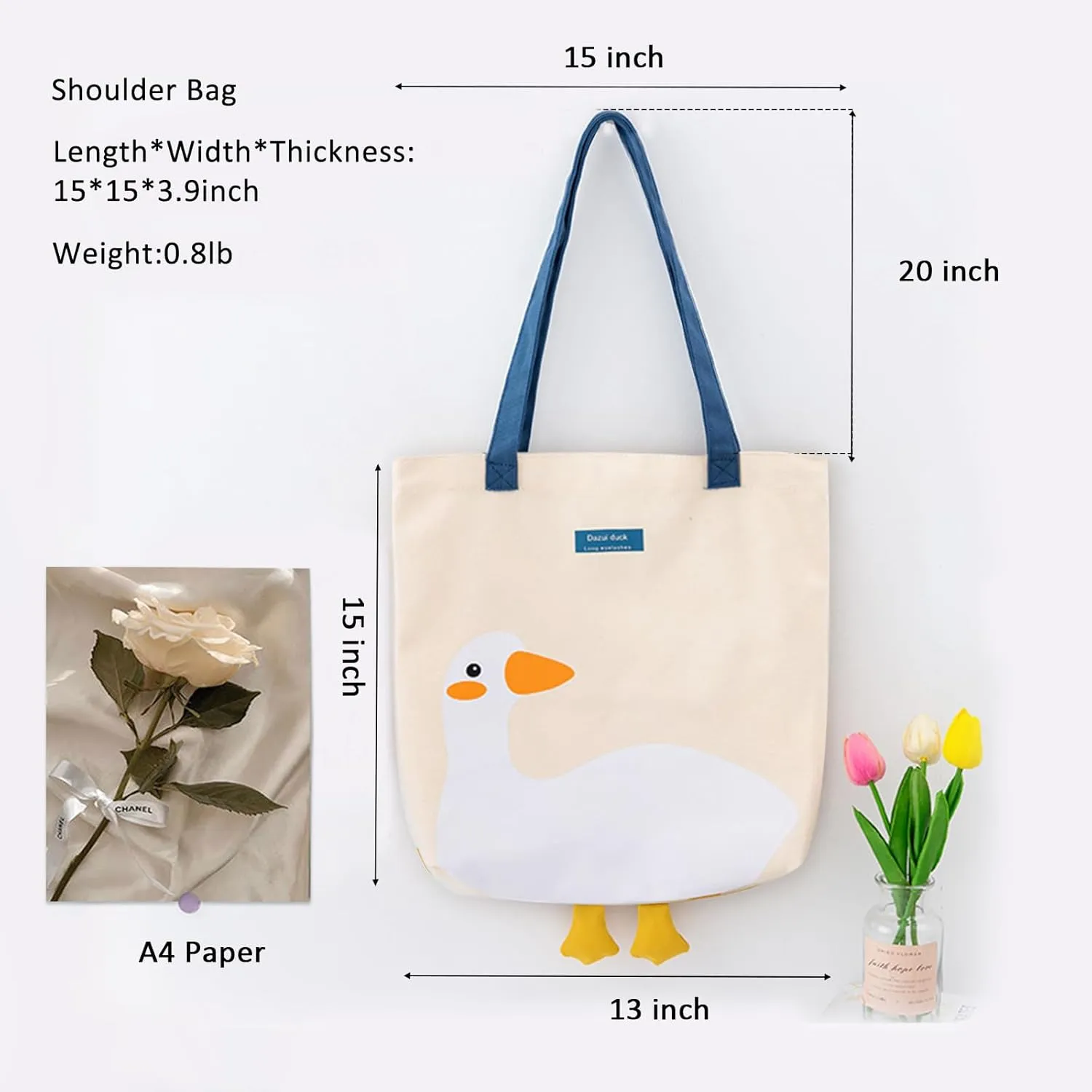 Cute Canvas Tote Bag for Women Reusable Cotton Cloth Bag for Lunch Grocery Shopping and Beach with 3D Duck Design