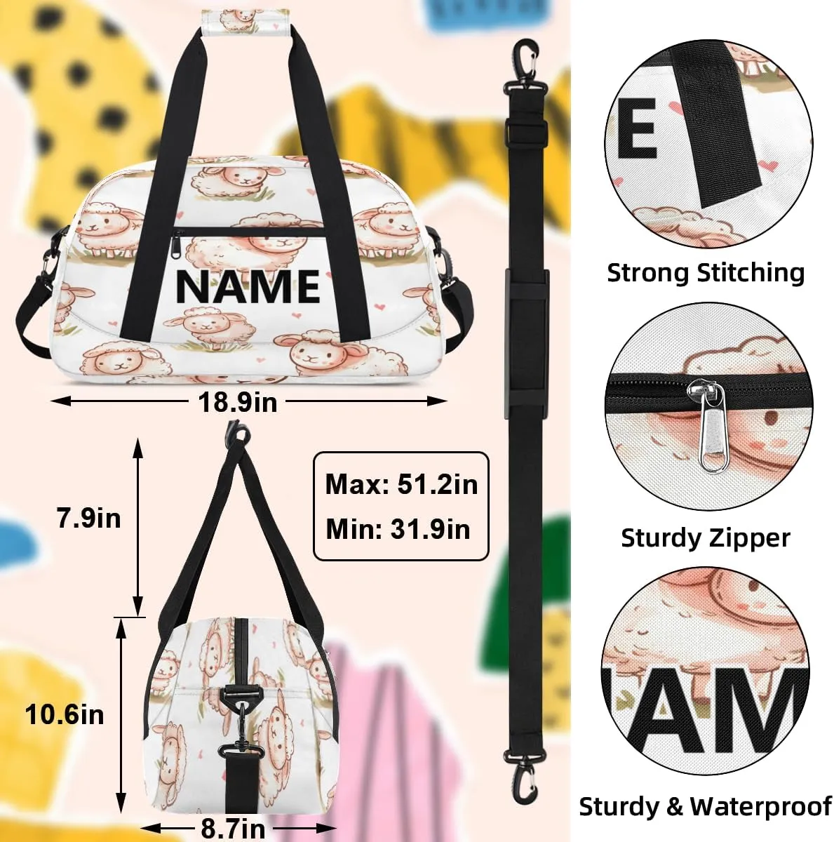 Cute Cartoon Sheep Mini Gym Bag 18 inch for Women Men Waterproof Custom Sheep Travel Duffel Bag Carry On Overnight Tote Nurse Bag for Work Fitness Hiking