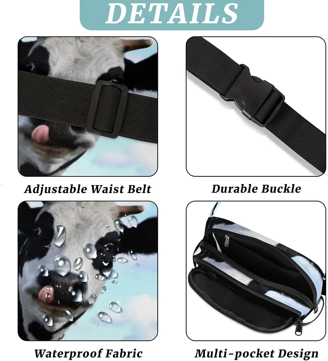 Cute Dairy Cattle Cow Durable Waterproof Fanny Pack with Double Zipper Closure - Organize Your Essentials with Ease - Lightweight and Comfortable for Men and Women