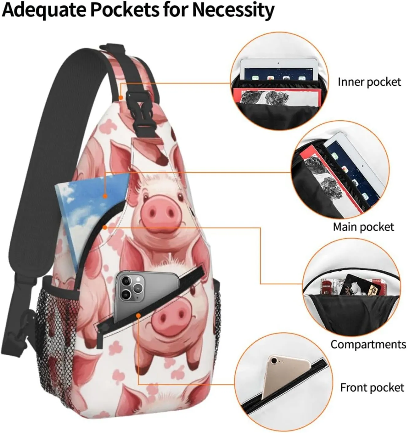 Cute Pig Crossbody Bag with Abstract Picture Fitness Sports Travel Hiking Backpack Cute Animal Print Chest Bag Shoulder Bag for Women and Men