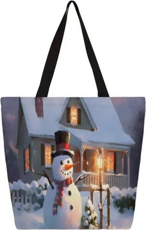 Cute Snowman House Large Capacity Canvas Tote Bag Stylish Handheld Shoulder Bag Reusable Shopping Bag for Work Travel Beach Trips Shopping