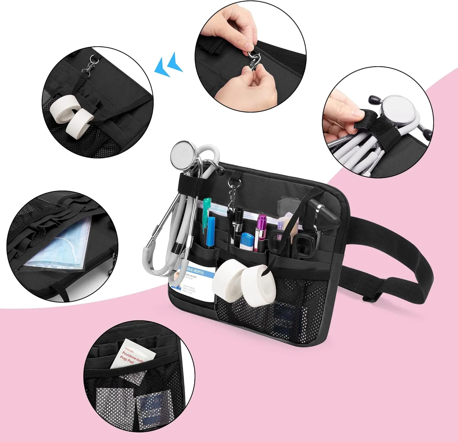 Damero Nurse Fanny Pack with Medical Gear Pockets, Nurse Waist Pouch Nurse Tool Belt with Tape Holder for Stethoscopes, Bandage Scissors and Other Medical Supplies, Black