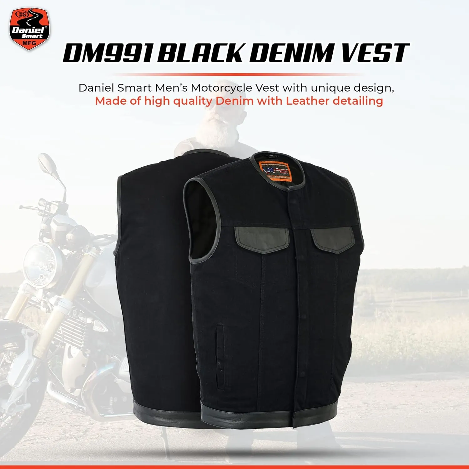 Daniel Smart Men’s Vest Unique black denim vest men with Leather Detailing Motorcycle Vest with Concealment Carry Pocket