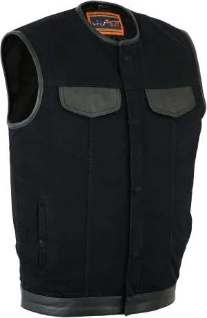 Daniel Smart Men’s Vest Unique black denim vest men with Leather Detailing Motorcycle Vest with Concealment Carry Pocket