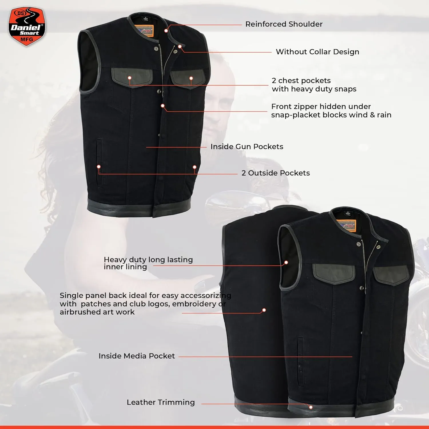 Daniel Smart Men’s Vest Unique black denim vest men with Leather Detailing Motorcycle Vest with Concealment Carry Pocket