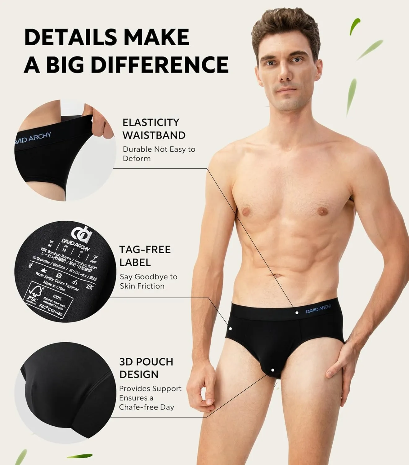 DAVID ARCHY Mens Underwear Briefs Bamboo Rayon Soft Breathable No Fly Support Pouch Underwear For Men 7 Packs