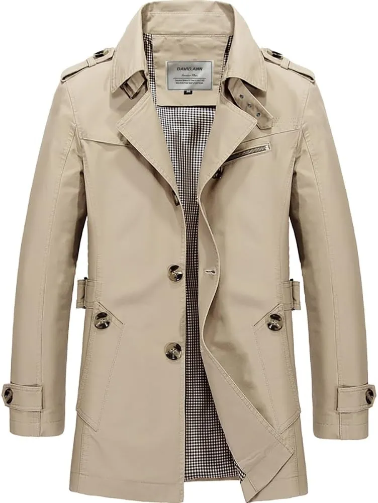 DAVID.ANN Men's Windbreaker Notch Lapel Single Breasted Coat