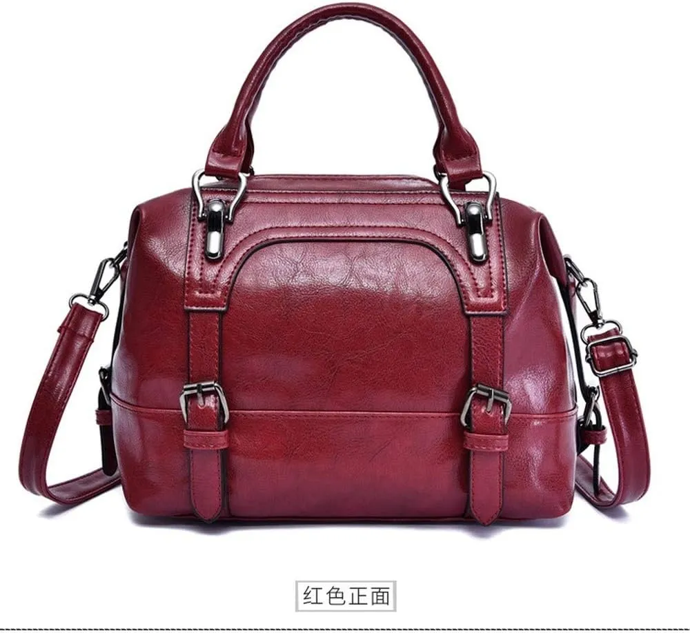 Dayfine Women's Retro Oil Wax Soft Leather Simple Single Shoulder Boston Bag Portable Oblique Satchel