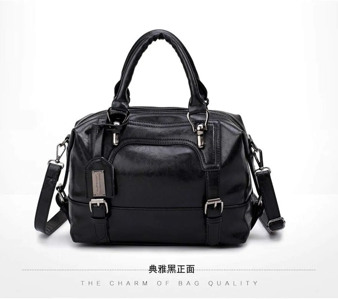 Dayfine Women's Retro Oil Wax Soft Leather Simple Single Shoulder Boston Bag Portable Oblique Satchel