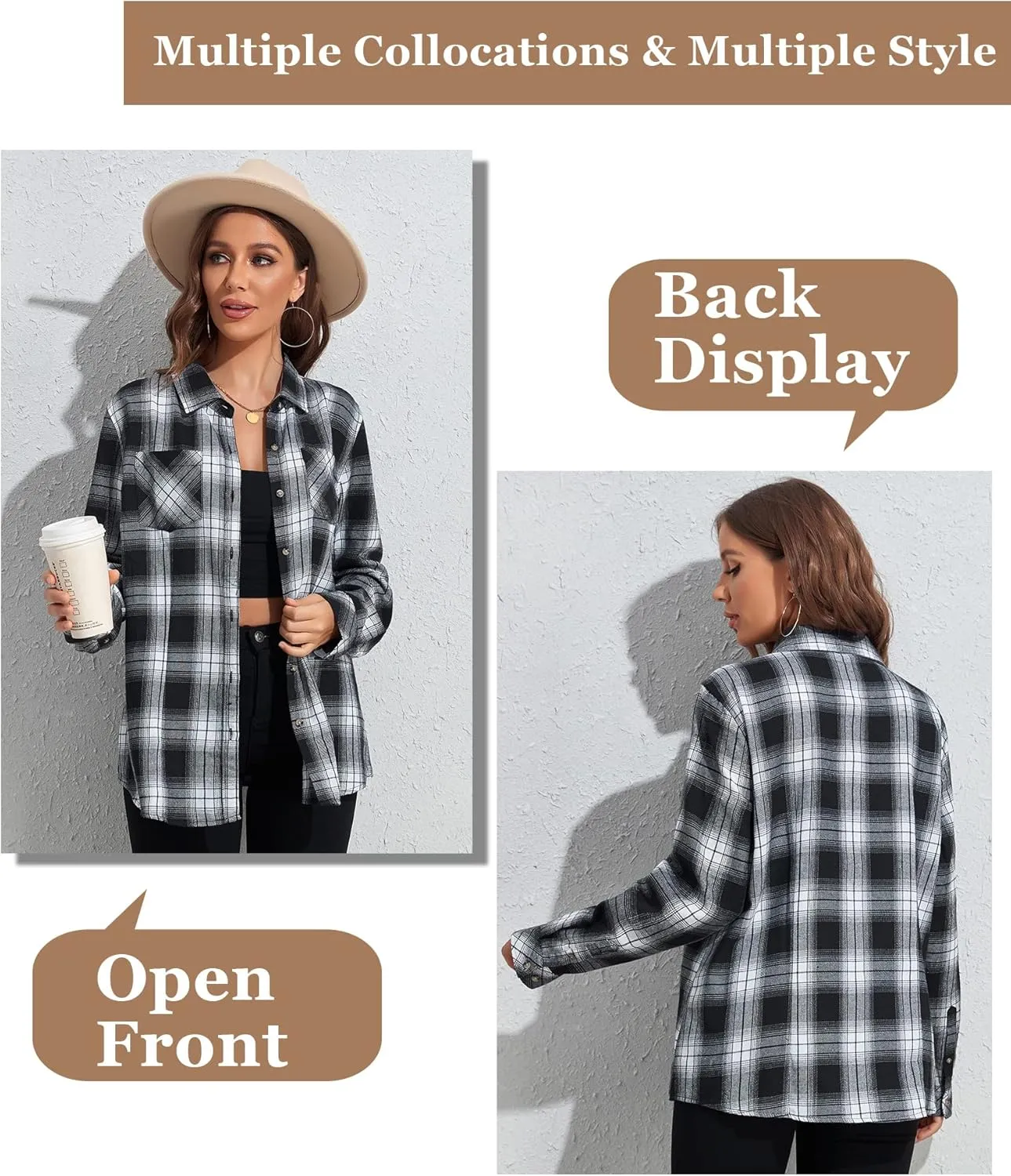 Deer Lady Plaid Flannel Shirts for Women Buffalo Plaid Shirts Oversized Long Sleeve Casual Button Down Blouse Top