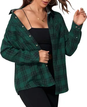 Deer Lady Plaid Flannel Shirts for Women Buffalo Plaid Shirts Oversized Long Sleeve Casual Button Down Blouse Top