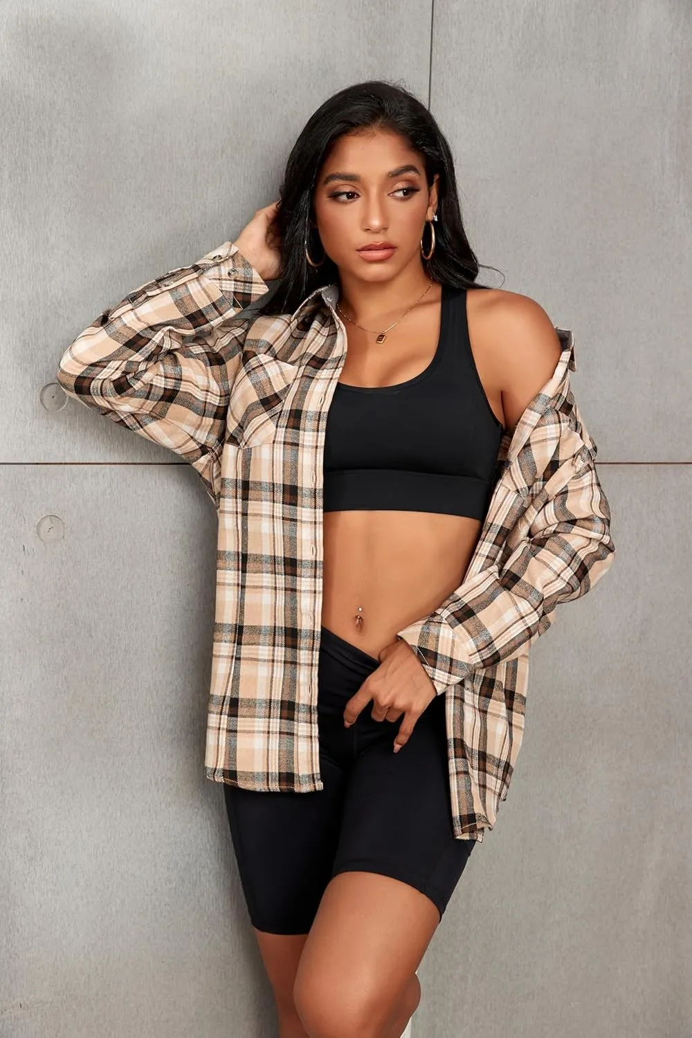 Deer Lady Plaid Flannel Shirts for Women Buffalo Plaid Shirts Oversized Long Sleeve Casual Button Down Blouse Top