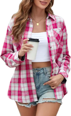 Deer Lady Plaid Flannel Shirts for Women Buffalo Plaid Shirts Oversized Long Sleeve Casual Button Down Blouse Top