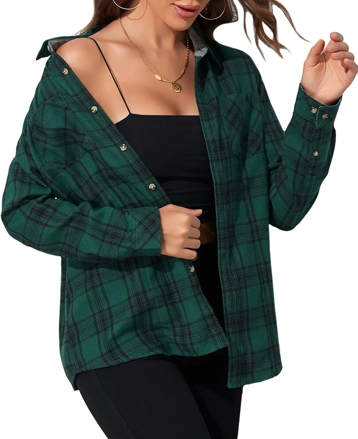 Deer Lady Plaid Flannel Shirts for Women Buffalo Plaid Shirts Oversized Long Sleeve Casual Button Down Blouse Top