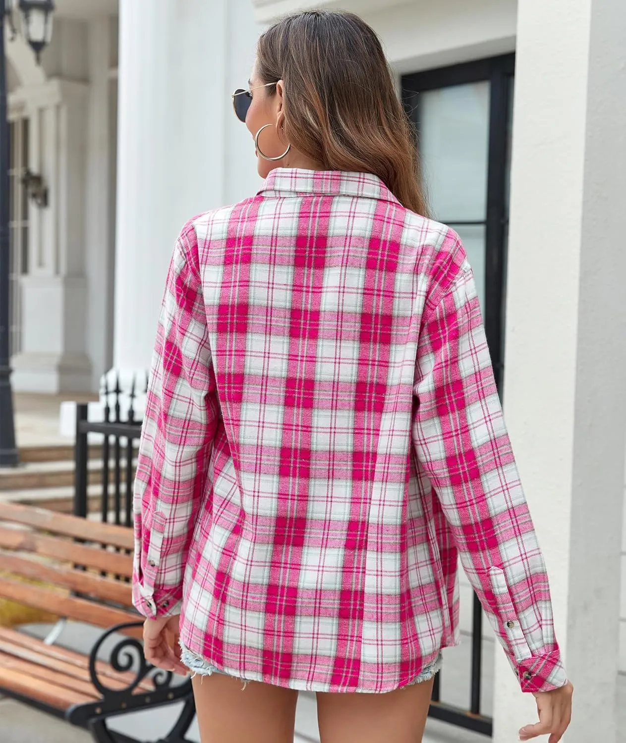 Deer Lady Plaid Flannel Shirts for Women Buffalo Plaid Shirts Oversized Long Sleeve Casual Button Down Blouse Top