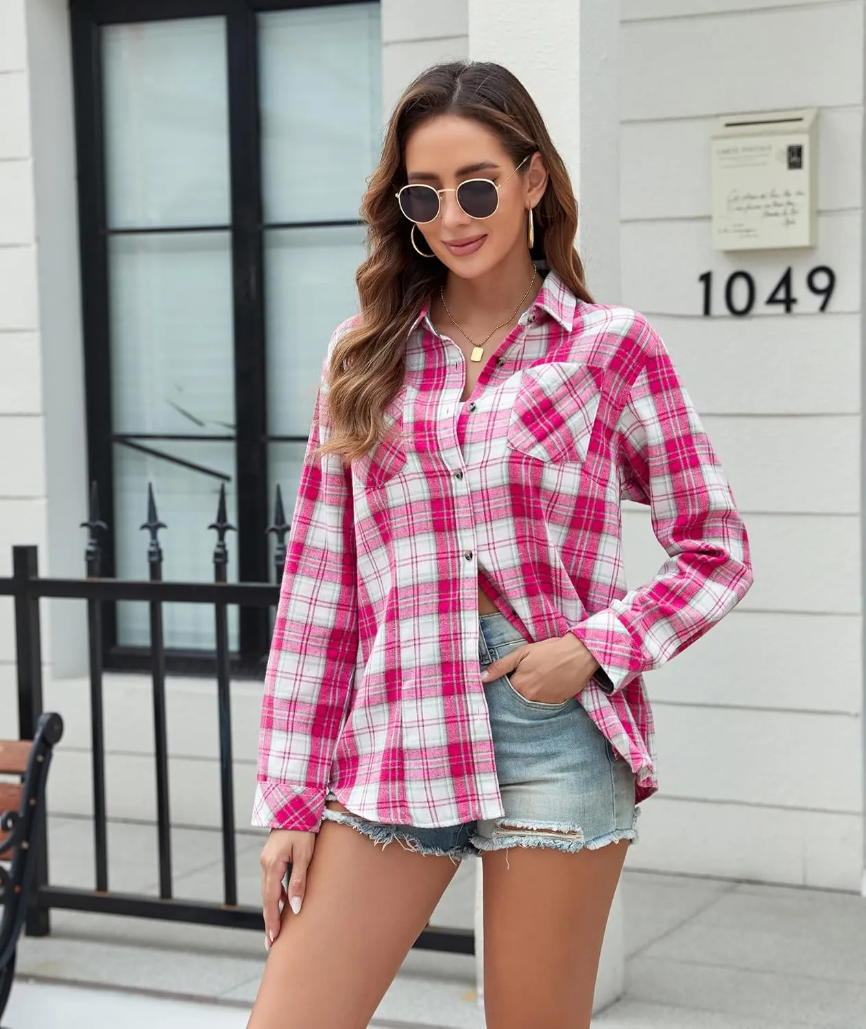 Deer Lady Plaid Flannel Shirts for Women Buffalo Plaid Shirts Oversized Long Sleeve Casual Button Down Blouse Top
