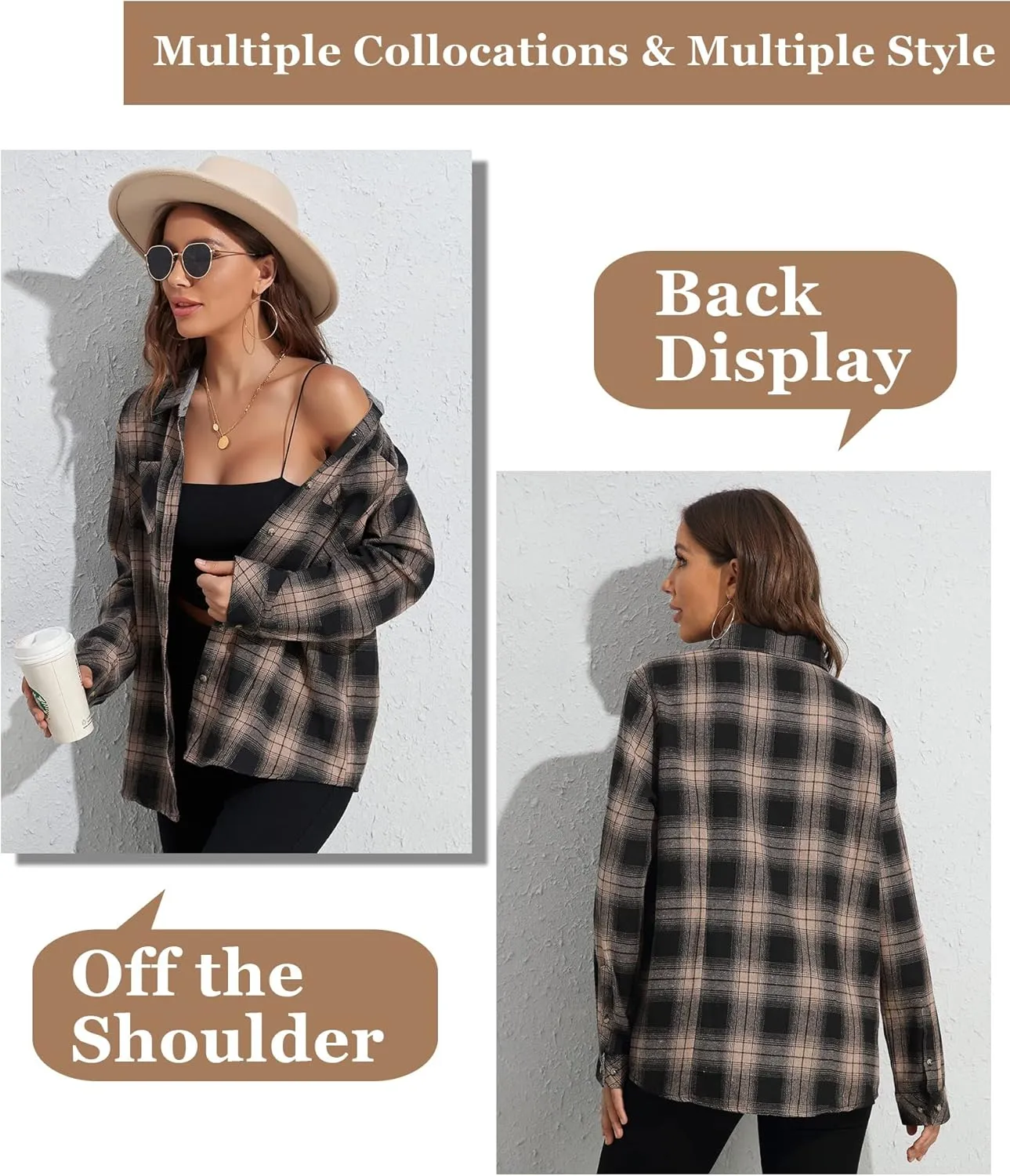 Deer Lady Plaid Flannel Shirts for Women Buffalo Plaid Shirts Oversized Long Sleeve Casual Button Down Blouse Top