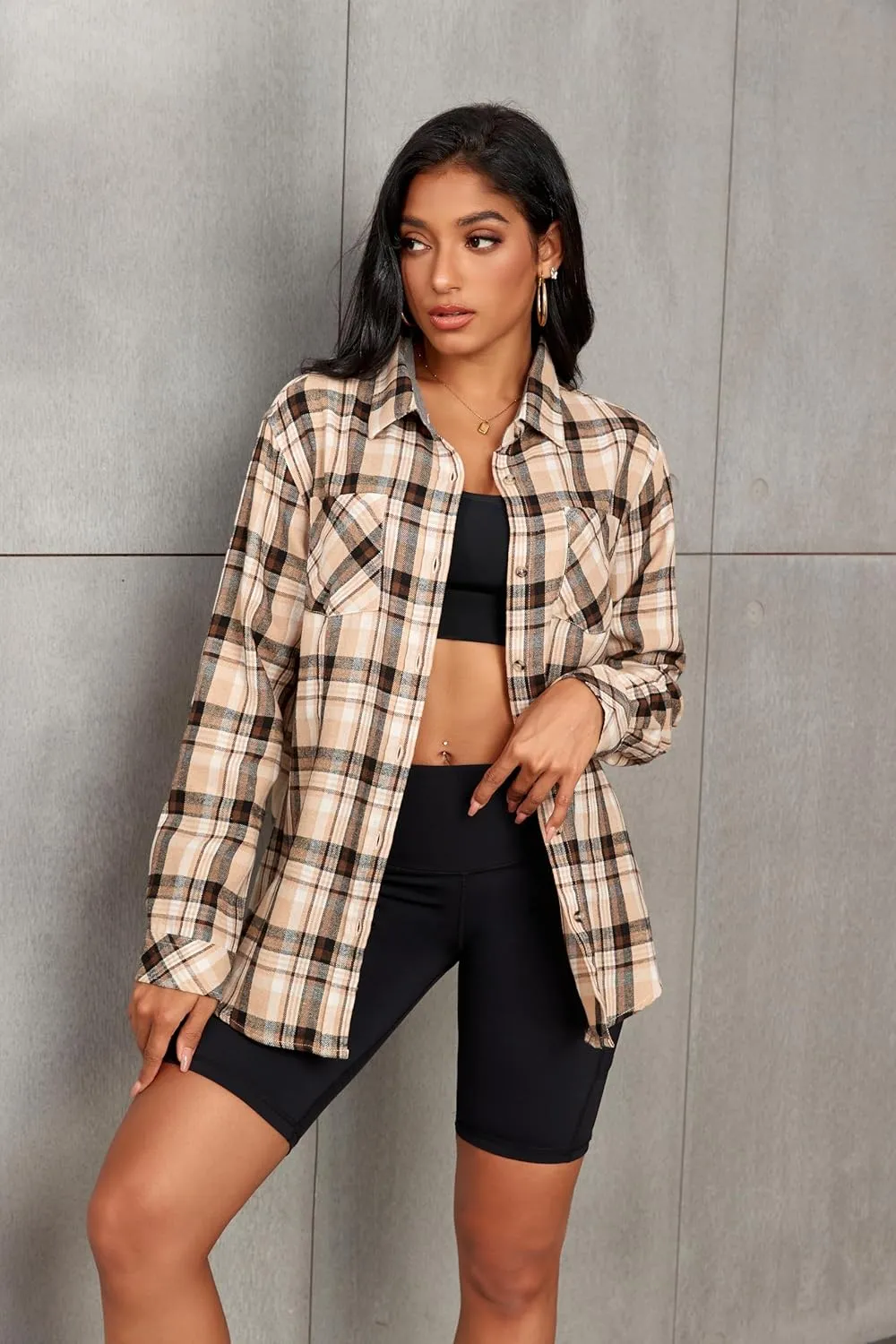 Deer Lady Plaid Flannel Shirts for Women Buffalo Plaid Shirts Oversized Long Sleeve Casual Button Down Blouse Top