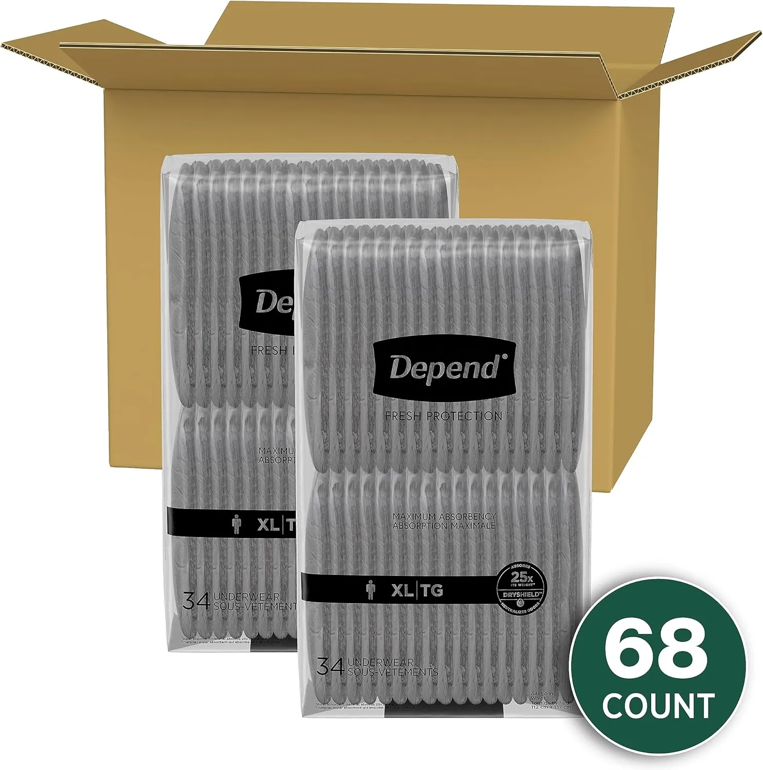 Depend Fresh Protection Adult Incontinence Underwear for Men, Disposable, Maximum, Extra-Large, Grey, 68 Count (2 Packs of 34), Packaging May Vary