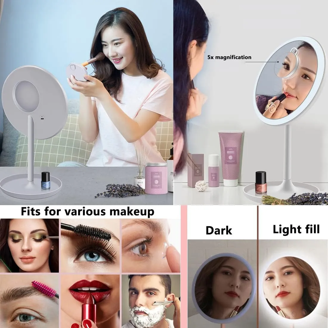 Desk LED Makeup Mirror with Lights with a 5X Magnification Handheld Foldable Portable Compact Mirrors - Round Base - Ideal Gift for Women Girls - White - Pack of 2
