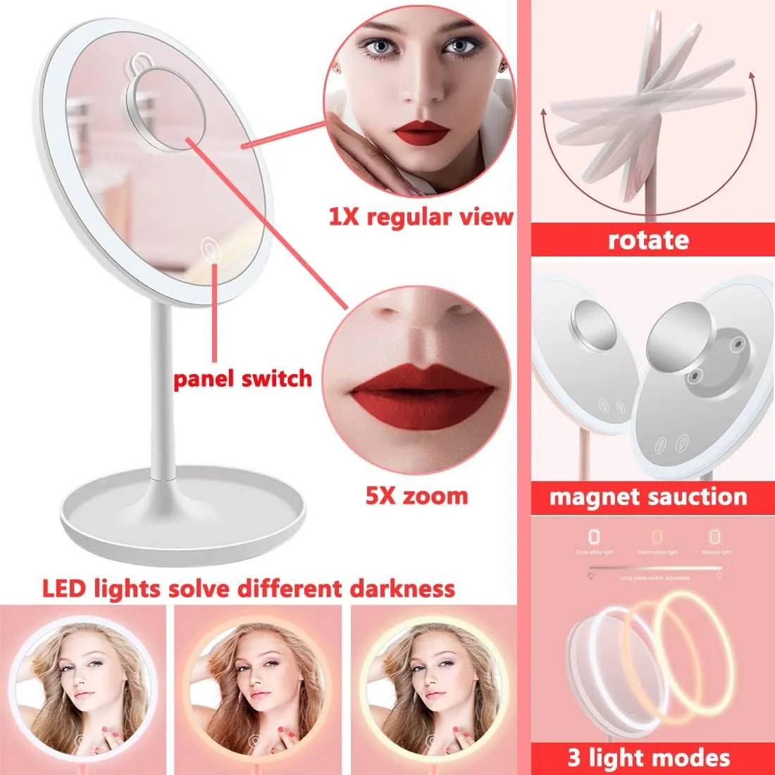 Desk LED Makeup Mirror with Lights with a 5X Magnification Handheld Foldable Portable Compact Mirrors - Round Base - Ideal Gift for Women Girls - White - Pack of 2