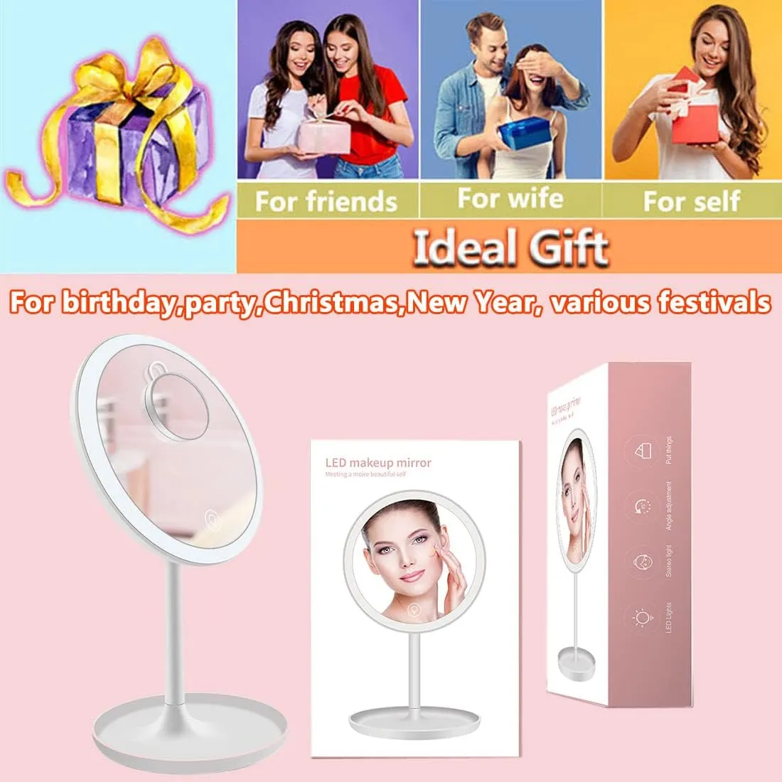 Desk LED Makeup Mirror with Lights with a 5X Magnification Handheld Foldable Portable Compact Mirrors - Round Base - Ideal Gift for Women Girls - White - Pack of 2