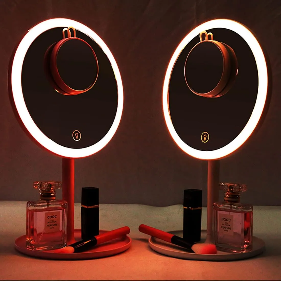 Desk LED Makeup Mirror with Lights with a 5X Magnification Handheld Foldable Portable Compact Mirrors - Round Base - Ideal Gift for Women Girls - White - Pack of 2