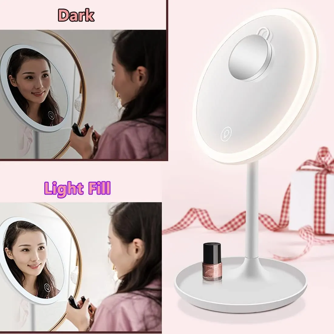 Desk LED Makeup Mirror with Lights with a 5X Magnification Handheld Foldable Portable Compact Mirrors - Round Base - Ideal Gift for Women Girls - White - Pack of 2