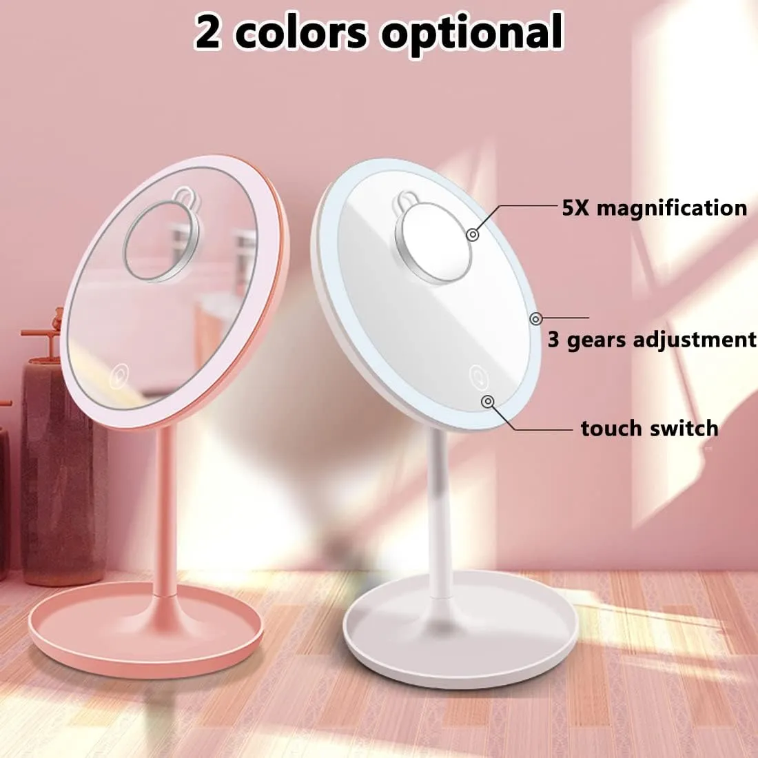 Desk LED Makeup Mirror with Lights with a 5X Magnification Handheld Foldable Portable Compact Mirrors - Round Base - Ideal Gift for Women Girls - White - Pack of 2