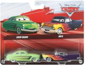 Disney Cars Toys and Cars 3, Edwin Kranks and Greta 2-Pack, 1:55 Scale Die-Cast Fan Favorite Character Vehicles for Racing and Storytelling Fun, Gift for Kids Age 3 and Older Multi