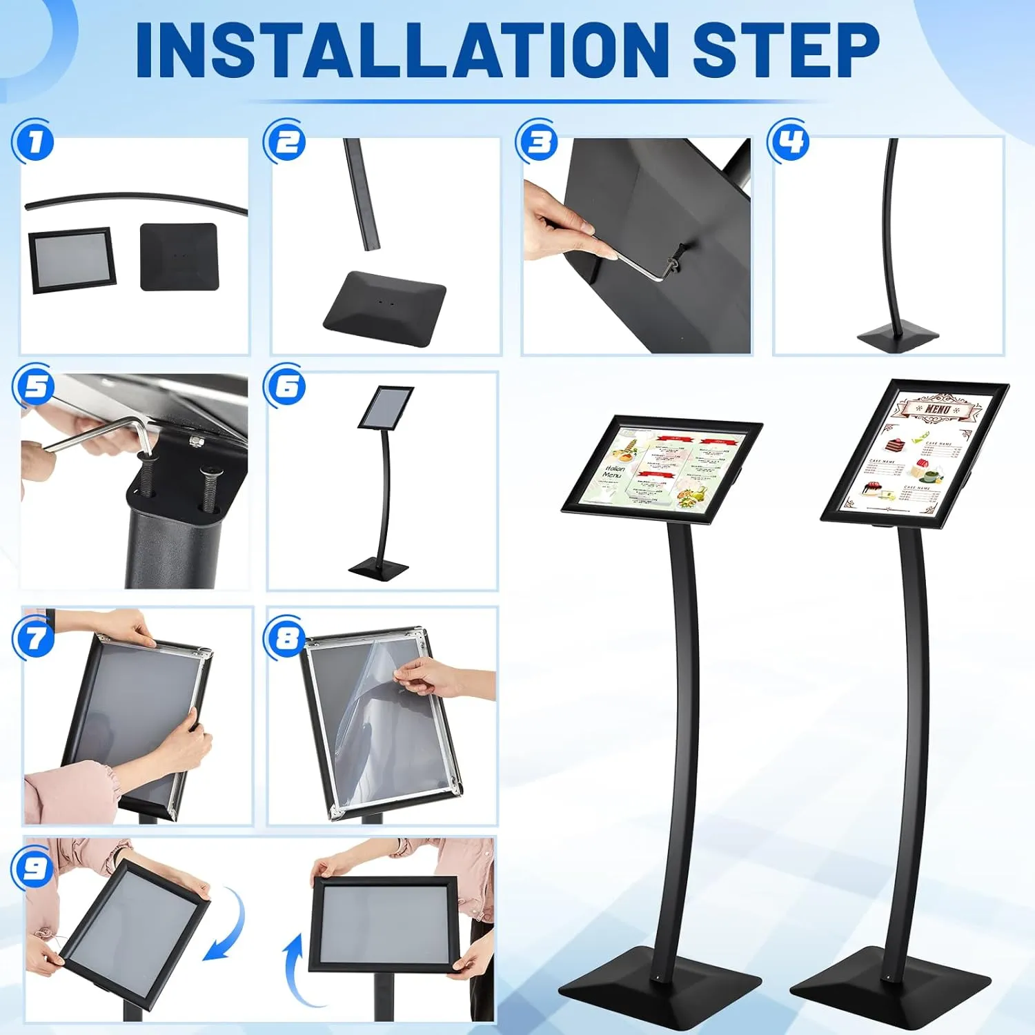 Displays Curved Menu Board Heavy Duty Pedestal Sign Stand Floor Standing Aluminum Alloy Front Loading Easy Open Poster Message Advertisement Restaurant Cafe Hotel (Black,8.5 x 11 Inches)