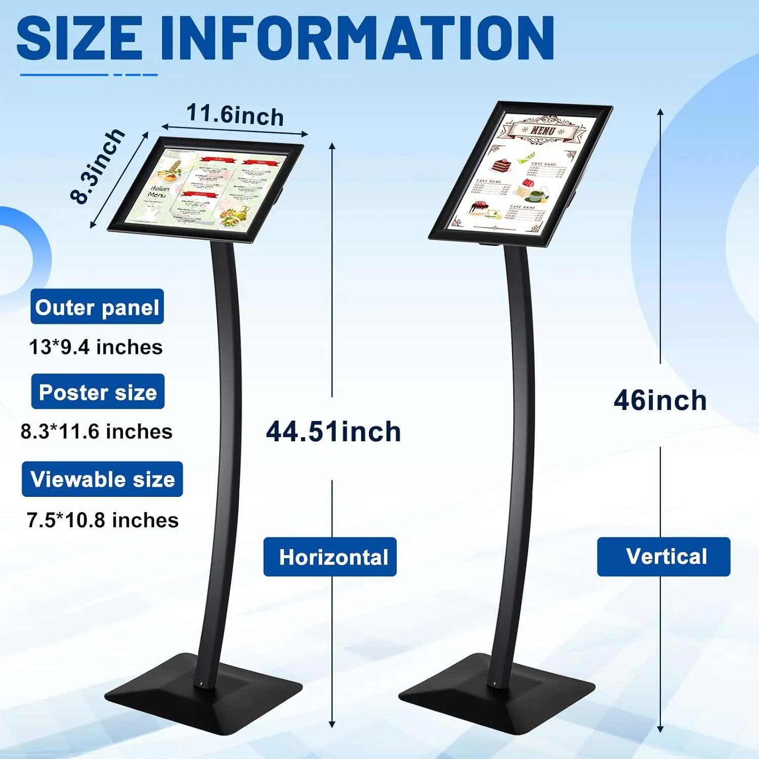 Displays Curved Menu Board Heavy Duty Pedestal Sign Stand Floor Standing Aluminum Alloy Front Loading Easy Open Poster Message Advertisement Restaurant Cafe Hotel (Black,8.5 x 11 Inches)