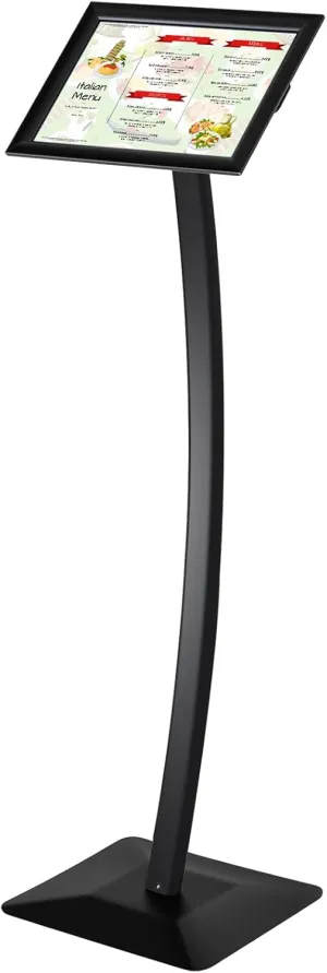 Displays Curved Menu Board Heavy Duty Pedestal Sign Stand Floor Standing Aluminum Alloy Front Loading Easy Open Poster Message Advertisement Restaurant Cafe Hotel (Black,8.5 x 11 Inches)