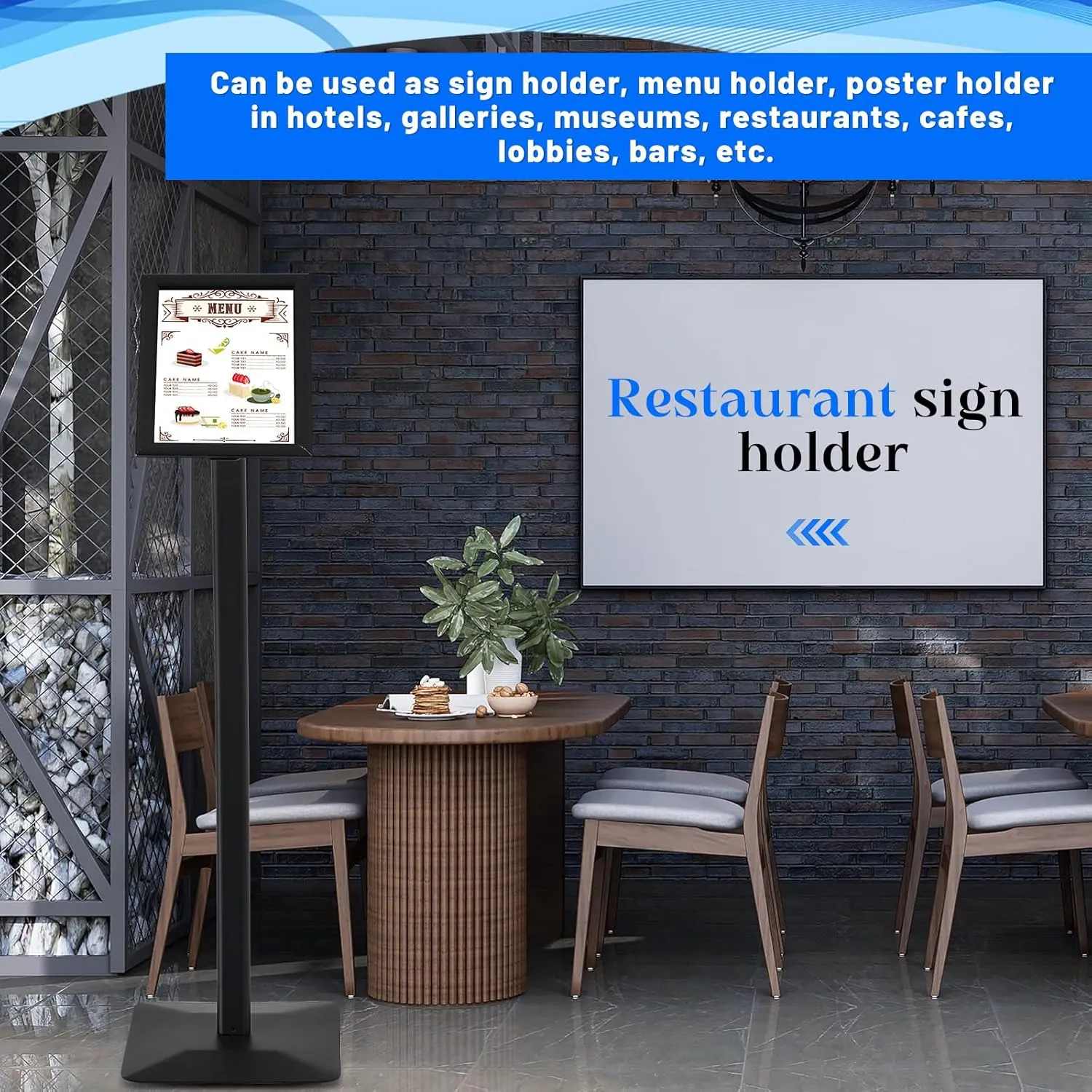 Displays Curved Menu Board Heavy Duty Pedestal Sign Stand Floor Standing Aluminum Alloy Front Loading Easy Open Poster Message Advertisement Restaurant Cafe Hotel (Black,8.5 x 11 Inches)