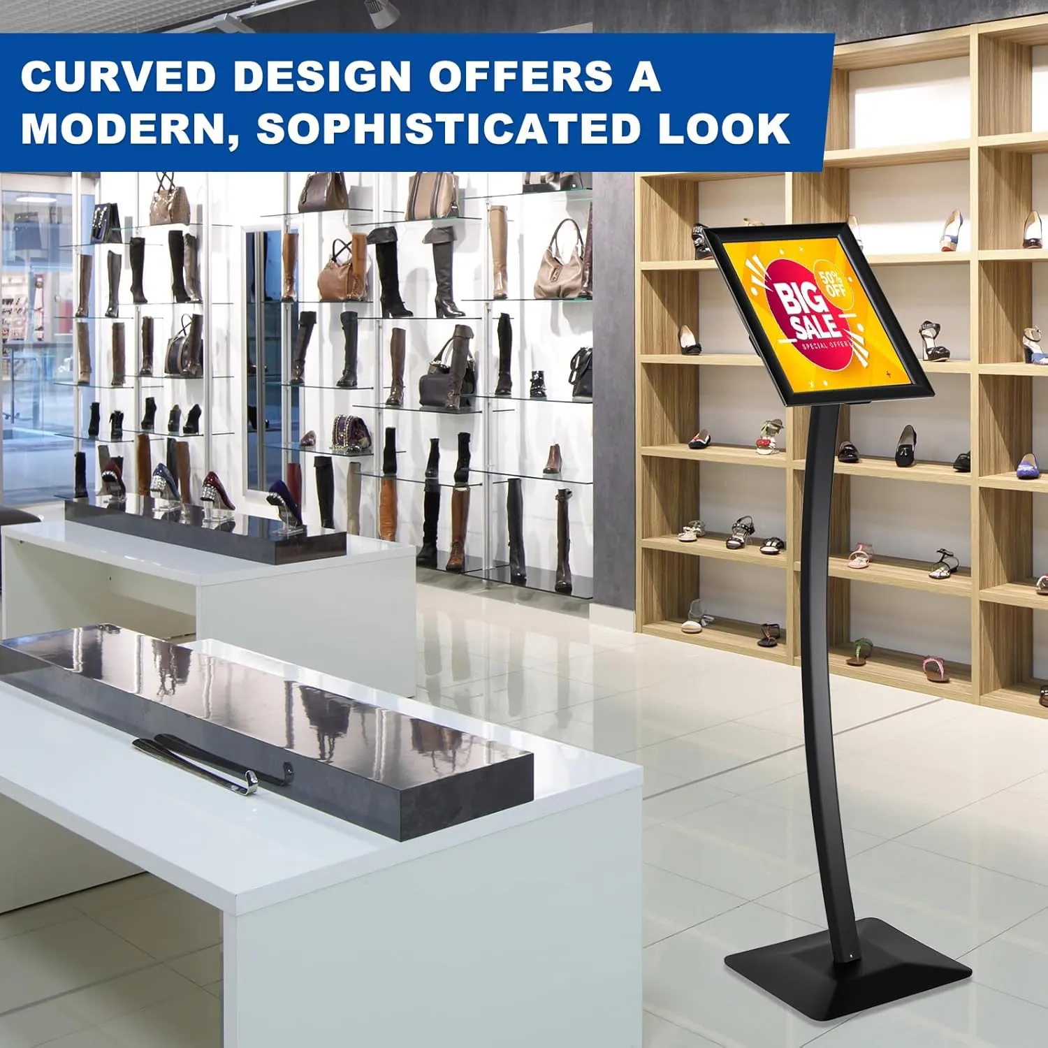 Displays Curved Menu Board Heavy Duty Pedestal Sign Stand Floor Standing Aluminum Alloy Front Loading Easy Open Poster Message Advertisement Restaurant Cafe Hotel (Black,8.5 x 11 Inches)