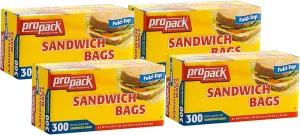 Disposable Plastic Sandwich Bags with Fold Close Top 1200 Bags, Great for Home, Office, Vacation, Traveling, Sandwich, Fruits, Nuts, Cake, Cookies, Or Any Snacks (4 Packs)