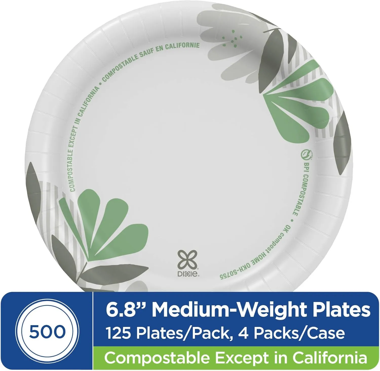 Dixie 6 7/8 Inch Medium-Weight Paper Plates, Pathways, 500 Count, Bulk Case, 4 Packs/125 Count Per Pack, (Georgia-Pacific #UX7WS)