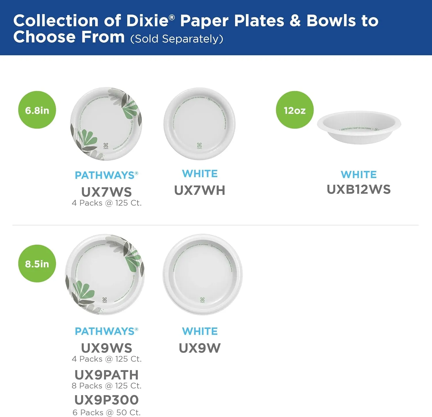 Dixie 6 7/8 Inch Medium-Weight Paper Plates, Pathways, 500 Count, Bulk Case, 4 Packs/125 Count Per Pack, (Georgia-Pacific #UX7WS)