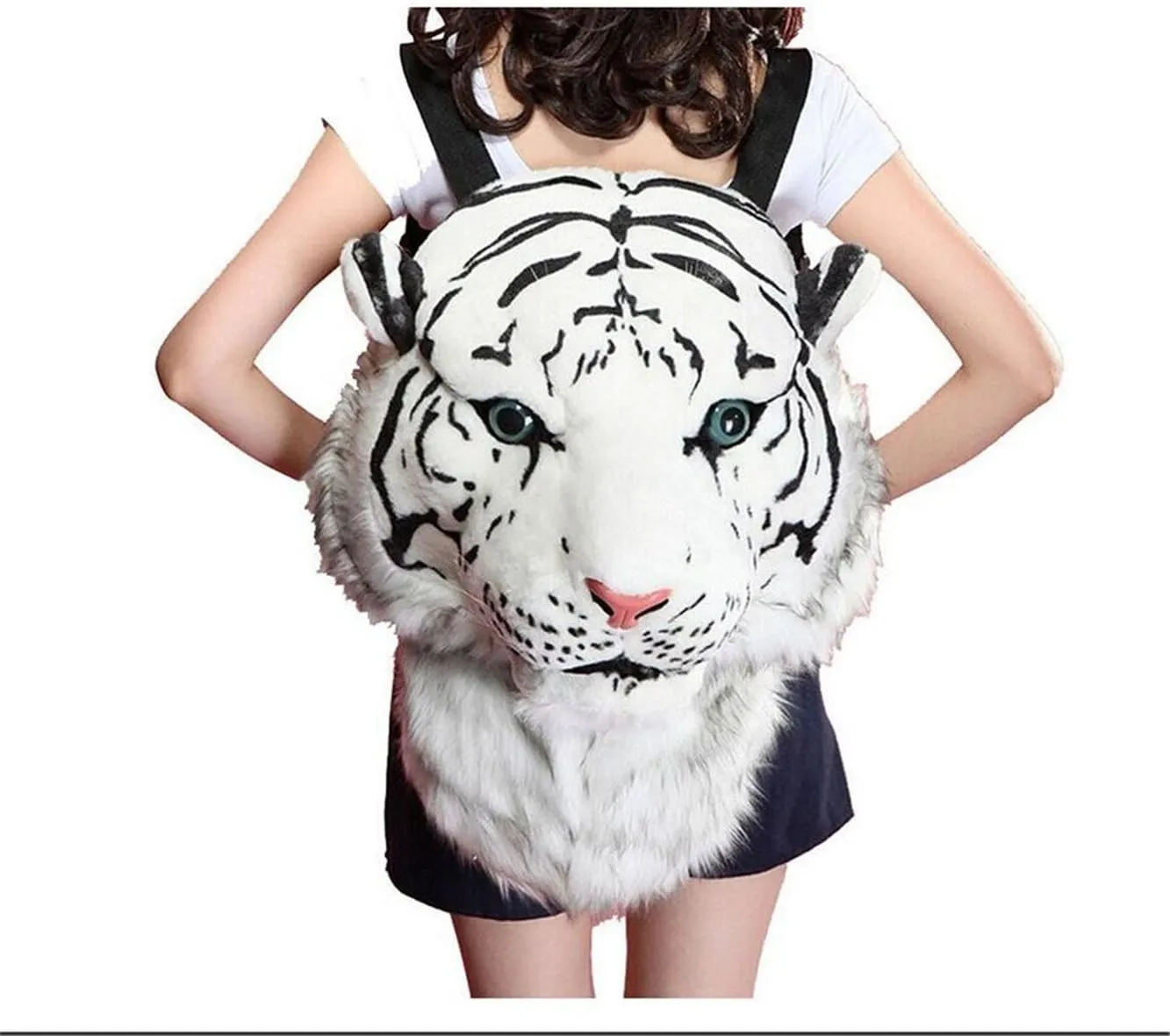 Domineering backpack stuffed tiger head 3D simulation personalised shoulder Bag Animal head shoulders bag (large, tiger white)