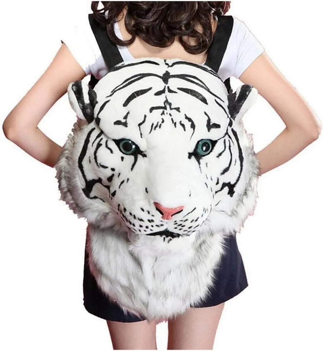 Domineering backpack stuffed tiger head 3D simulation personalised shoulder Bag Animal head shoulders bag (large, tiger white)