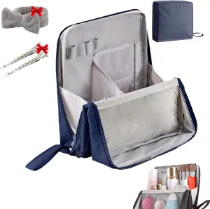 Doresty Makeup Bag Large, Doresty Makeup Bag Set, Upright Cosmetic Organizer – Portable, Large Capacity, Portable Vertical Opening Cosmetic Organizer with Compartments (Navy Blue)