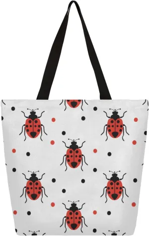 Dots Ladybugs Large Capacity Canvas Tote Bag Stylish Handheld Shoulder Bag Reusable Shopping Bag for Work Travel Beach Trips Shopping