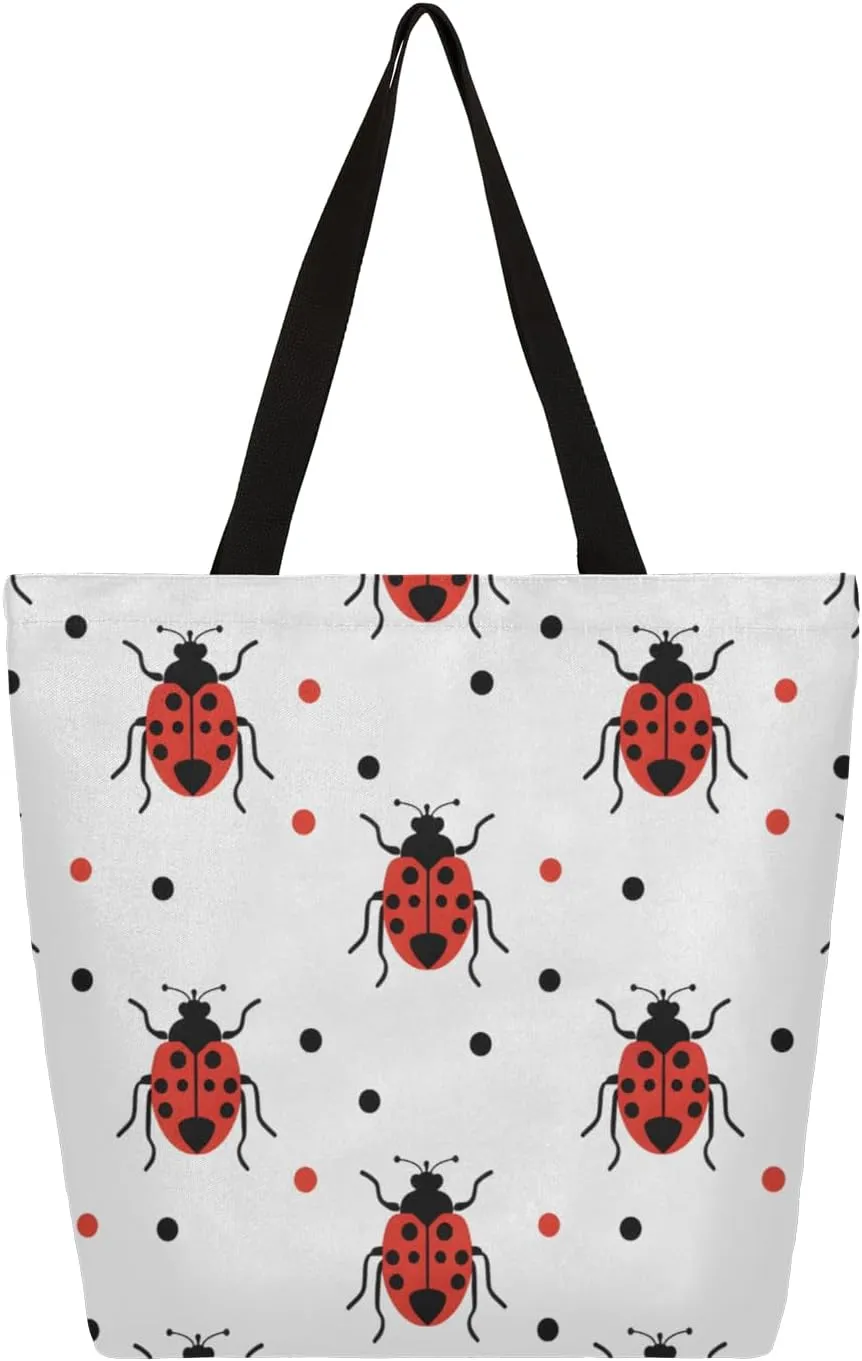 Dots Ladybugs Large Capacity Canvas Tote Bag Stylish Handheld Shoulder Bag Reusable Shopping Bag for Work Travel Beach Trips Shopping