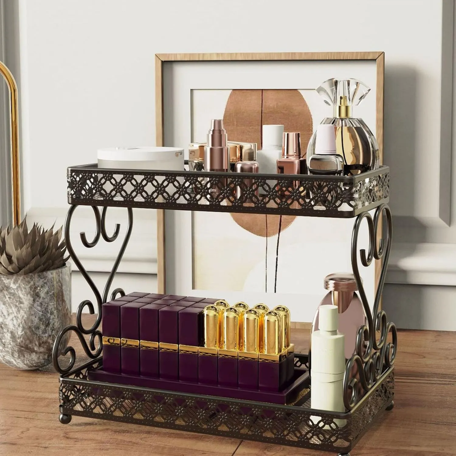 Double Layer Cosmetic Organizer, Large Capacity Makeup Lipstick Storage Rack for Bedroom (Black)