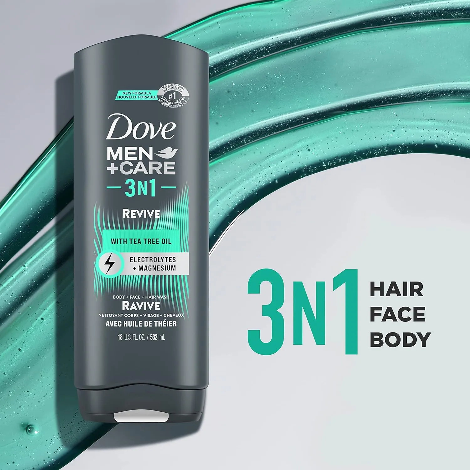 DOVE MEN   CARE Post-Workout Body Wash 3N1 Revive 4 Count For Men With Tea Tree Oil, 18 oz