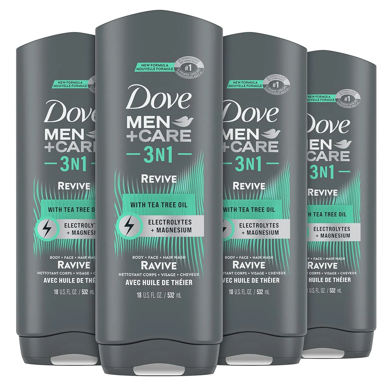 DOVE MEN   CARE Post-Workout Body Wash 3N1 Revive 4 Count For Men With Tea Tree Oil, 18 oz