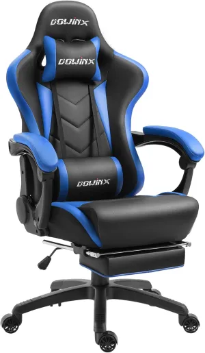 Dowinx Gaming Chair Ergonomic Racing Style Recliner with Massage Lumbar Support, Office Armchair for Computer PU Leather E-Sports Gamer Chairs with Footrest, Black&Blue