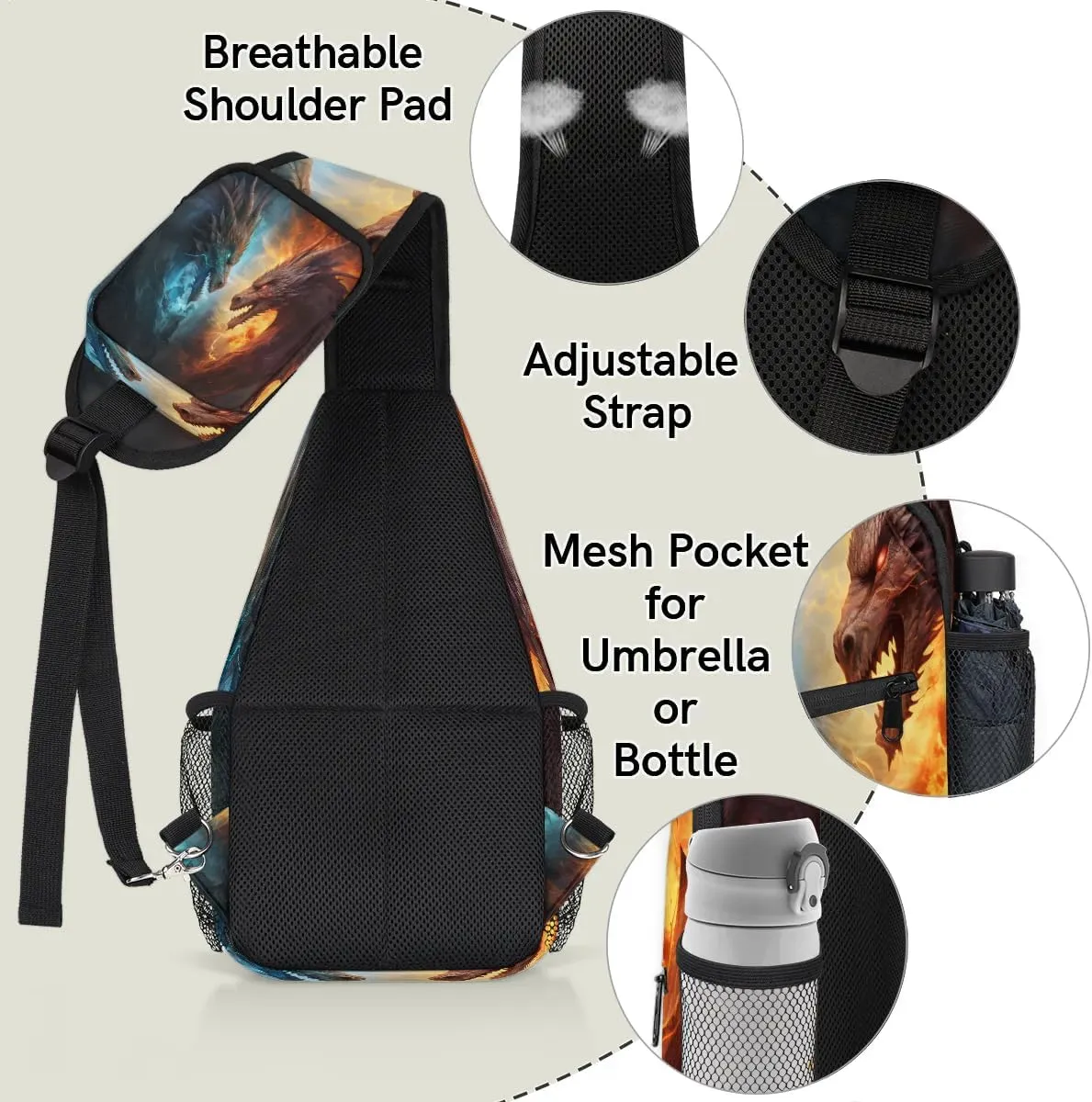 Dragon Fire and Water Sling Bag for Women Men, Waterproof Crossbody Sling Backpack Travel Outdoor Sports Chest Bag