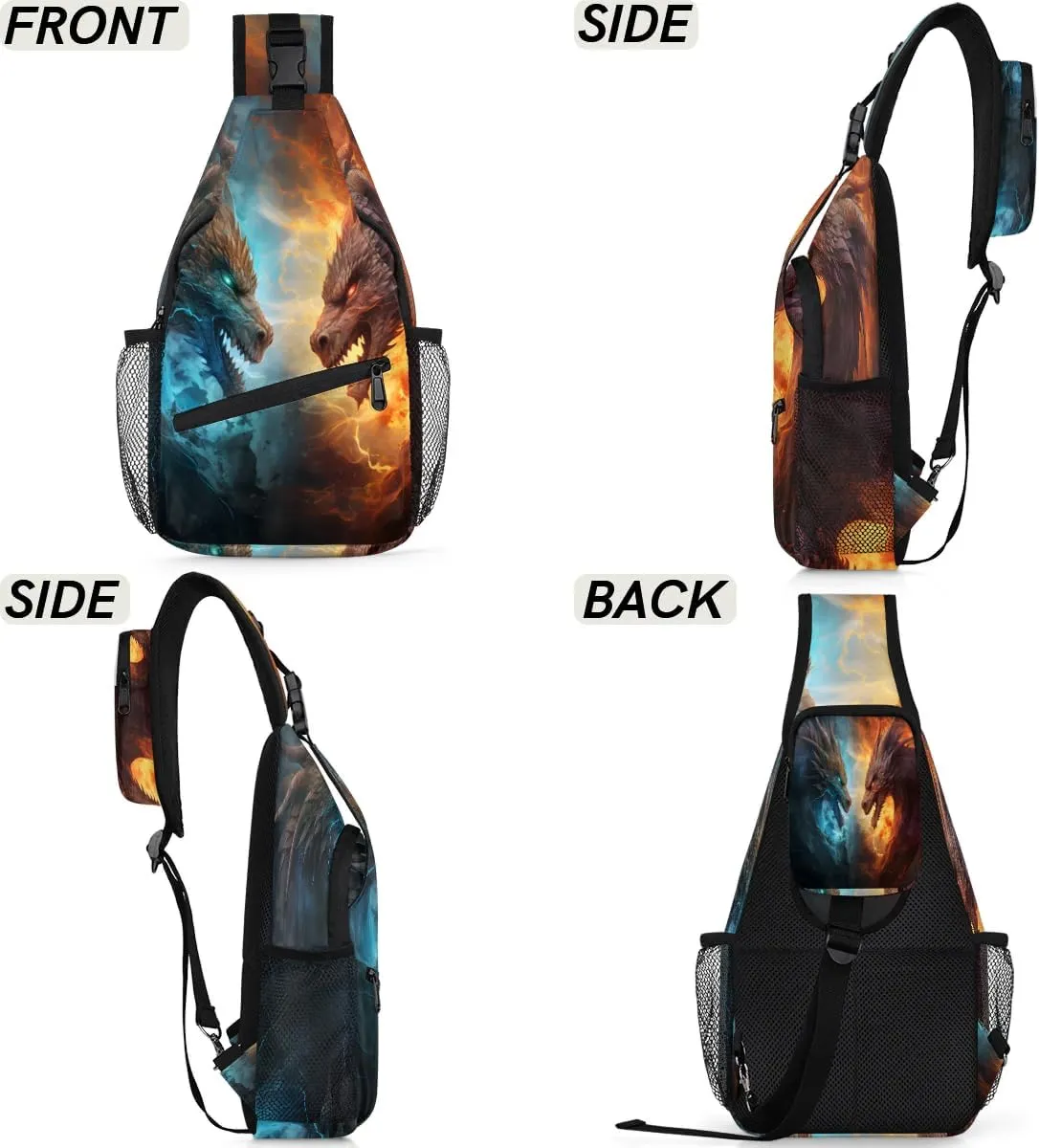 Dragon Fire and Water Sling Bag for Women Men, Waterproof Crossbody Sling Backpack Travel Outdoor Sports Chest Bag