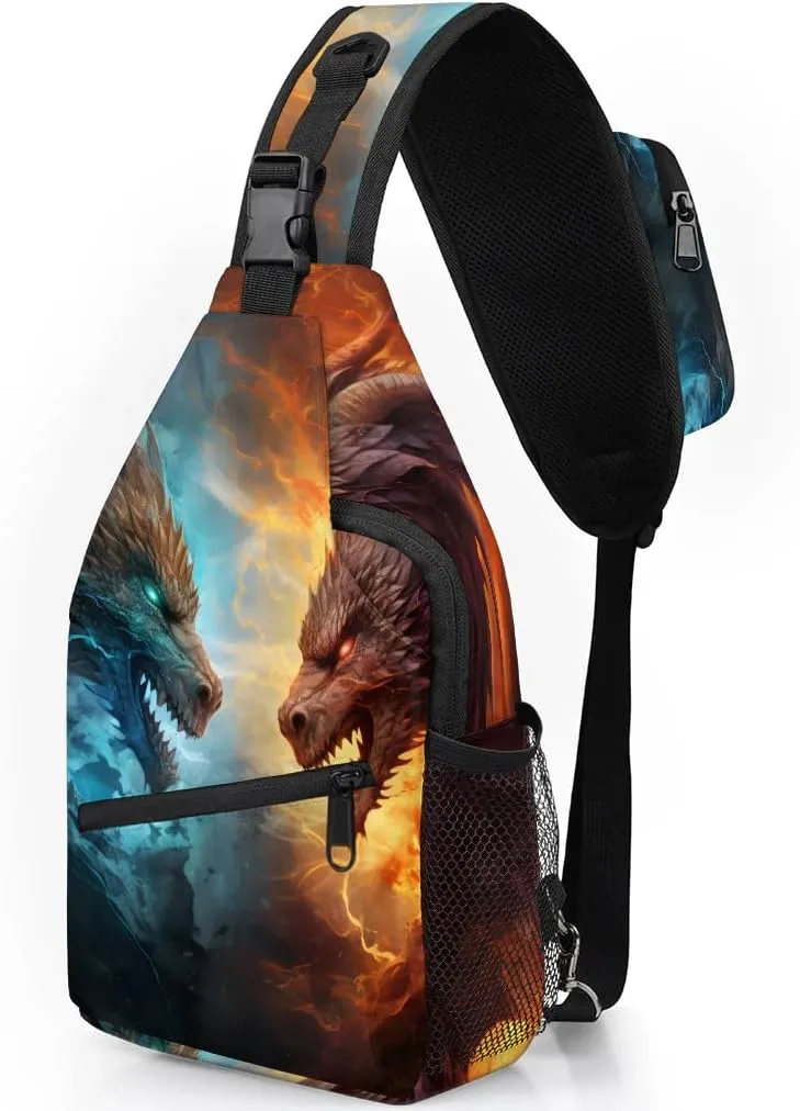 Dragon Fire and Water Sling Bag for Women Men, Waterproof Crossbody Sling Backpack Travel Outdoor Sports Chest Bag